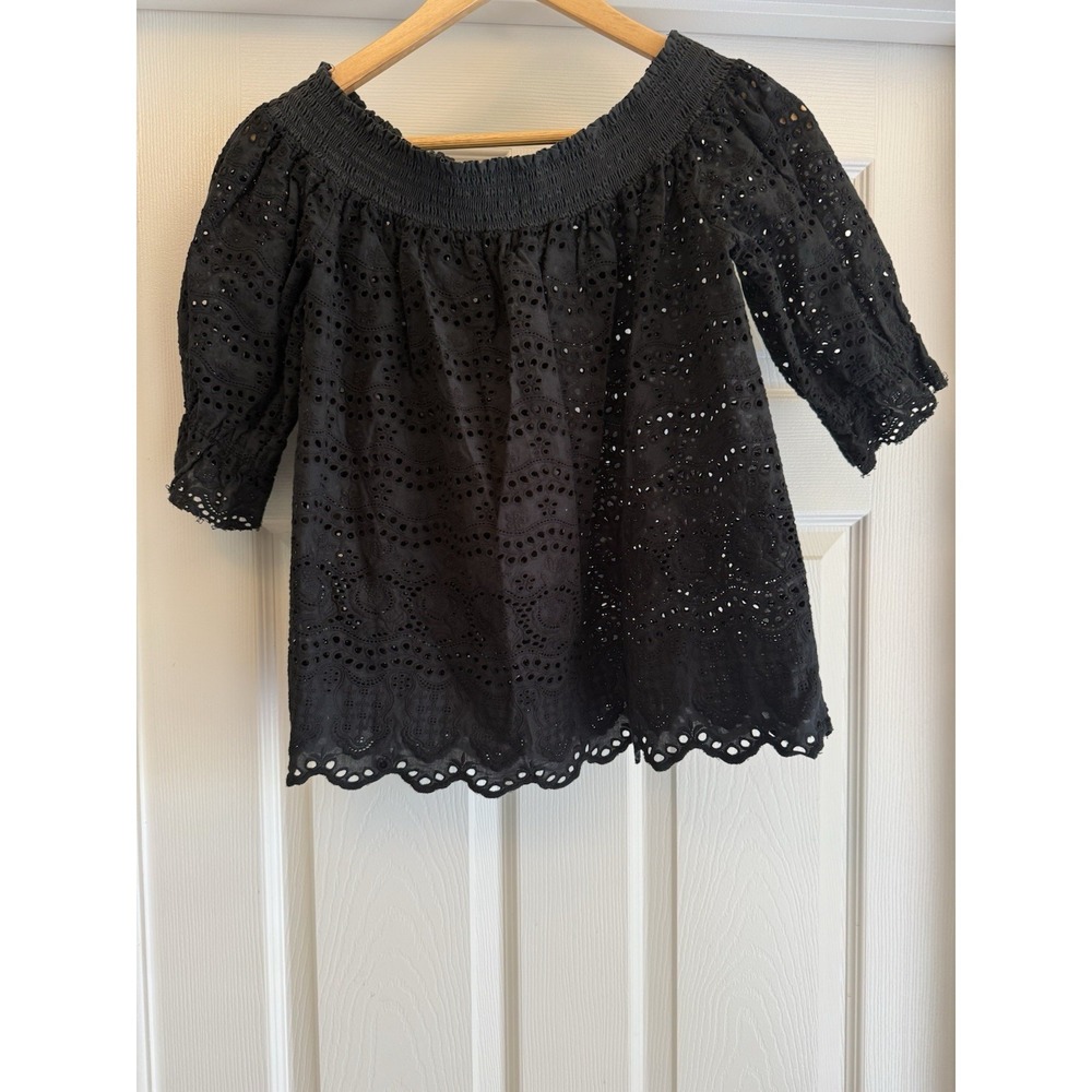 Love Shack Fancy Eyelet Top Women Small Black Off Shoulder Smocked Scalloped